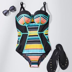 BLACK & MULTI STRIPE UNDERWIRE ONE-PIECE SWIMSUIT
